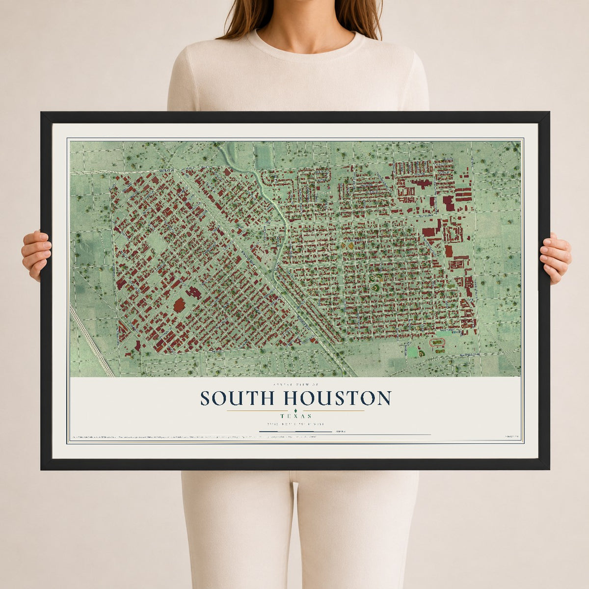 Map of South Houston, Texas, 24 x 36 inch print in a black wood frame