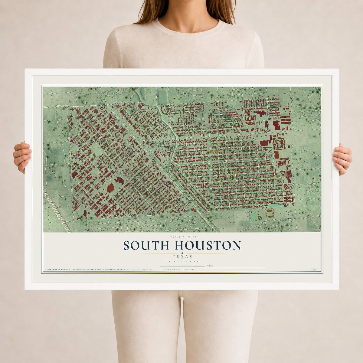 Map of South Houston, Texas, 24 x 36 inch print in a white wood frame