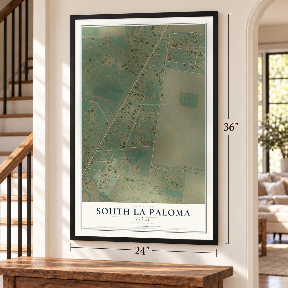 South La Paloma, Texas map, 24 x 36 inch print in a black frame by a staircase