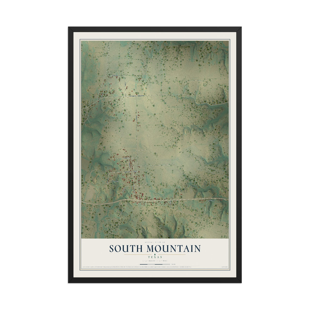 Map of South Mountain, Texas, 12 x 18 inch print in a black wood frame