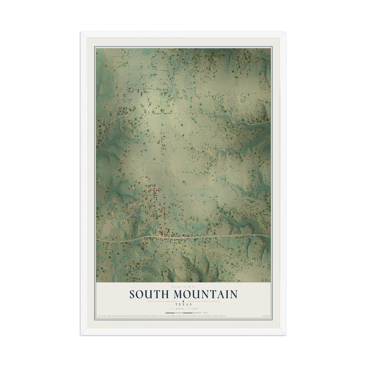 Map of South Mountain, Texas, 12 x 18 inch print in a white wood frame