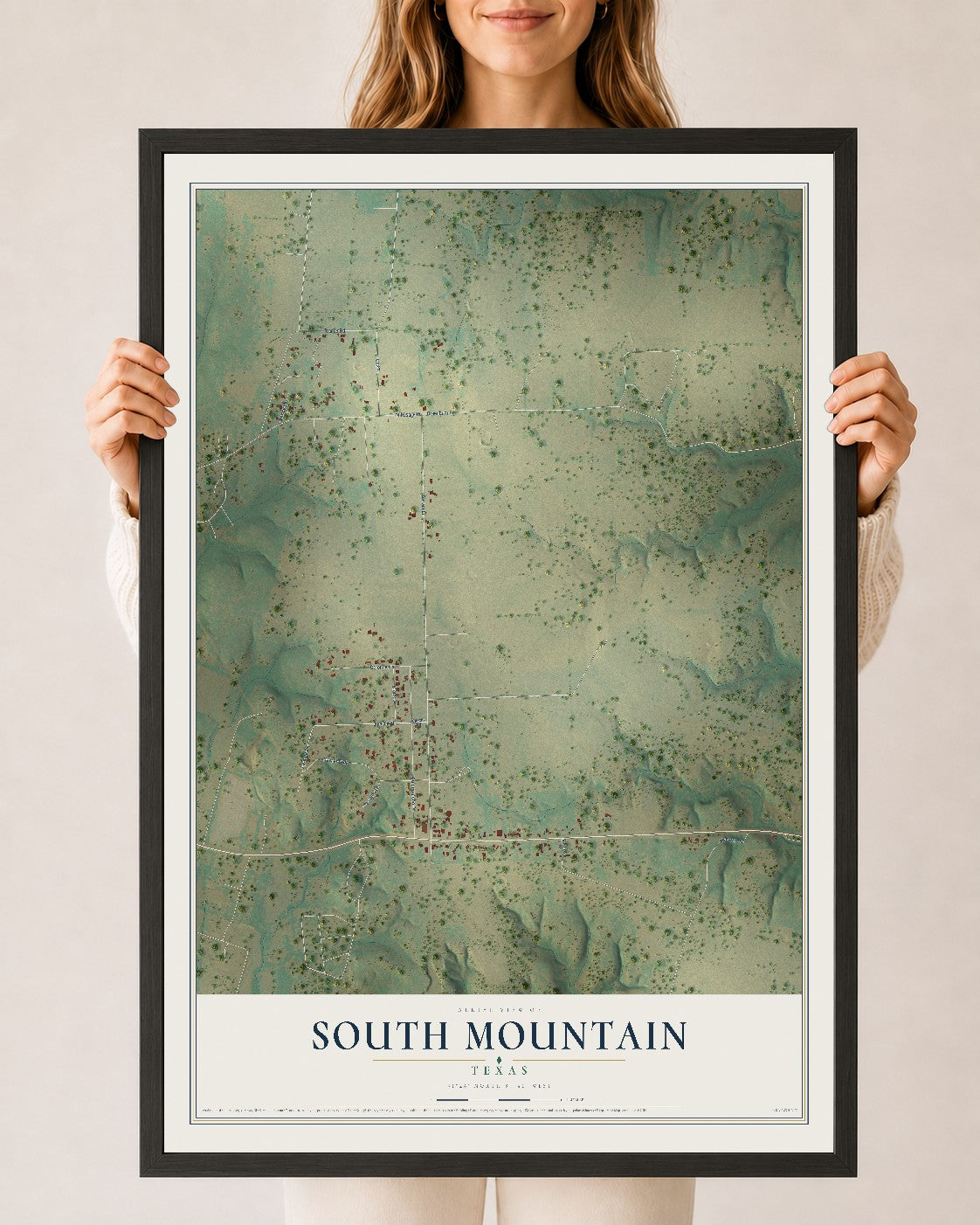 Map of South Mountain, Texas, 24 x 36 inch print in a black wood frame