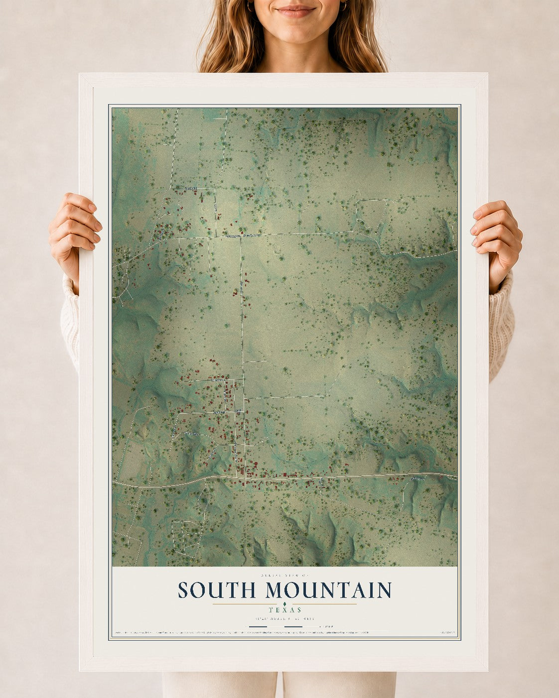 Map of South Mountain, Texas, 24 x 36 inch print in a white wood frame
