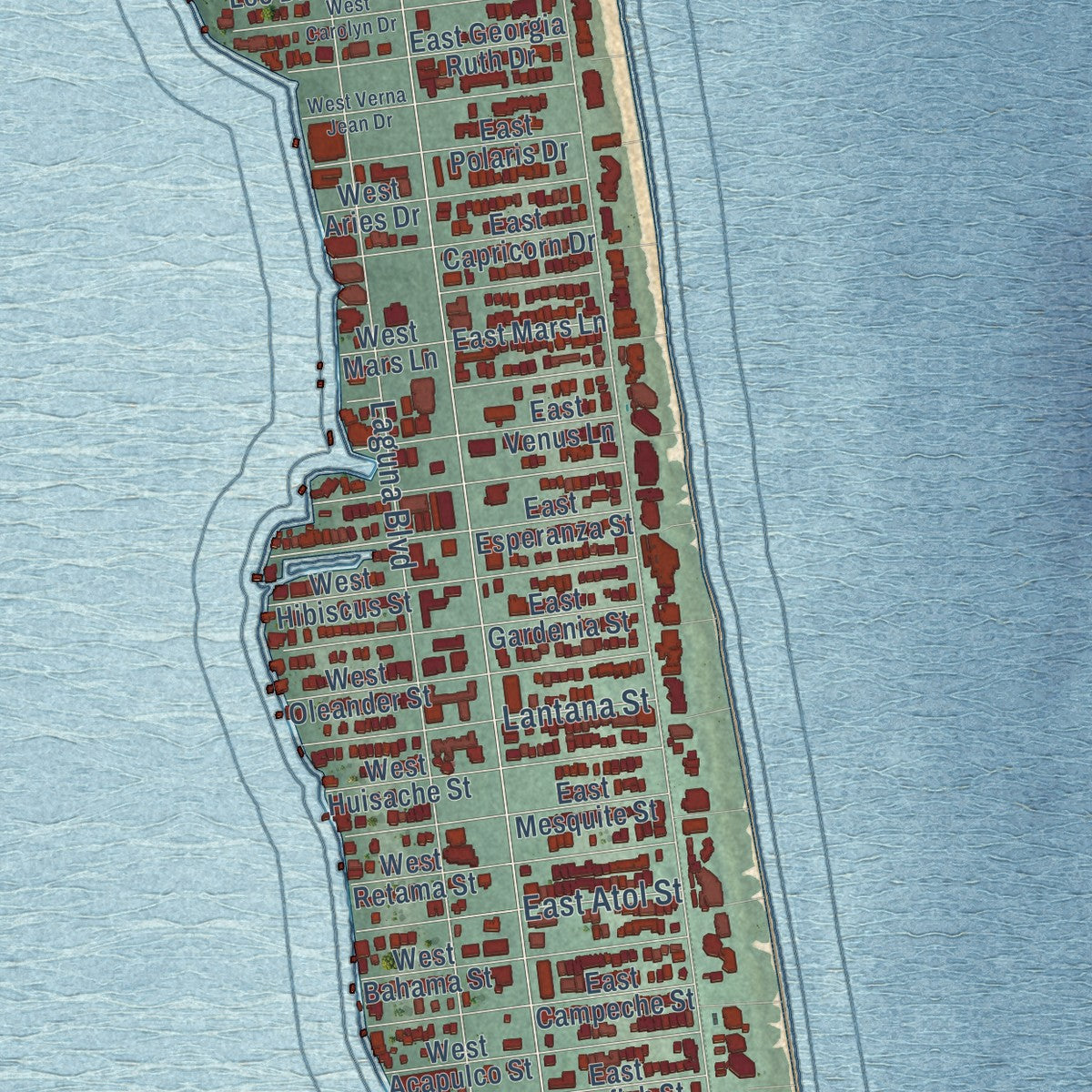 Close-up of the map of South Padre Island, Texas print showing street and building detail