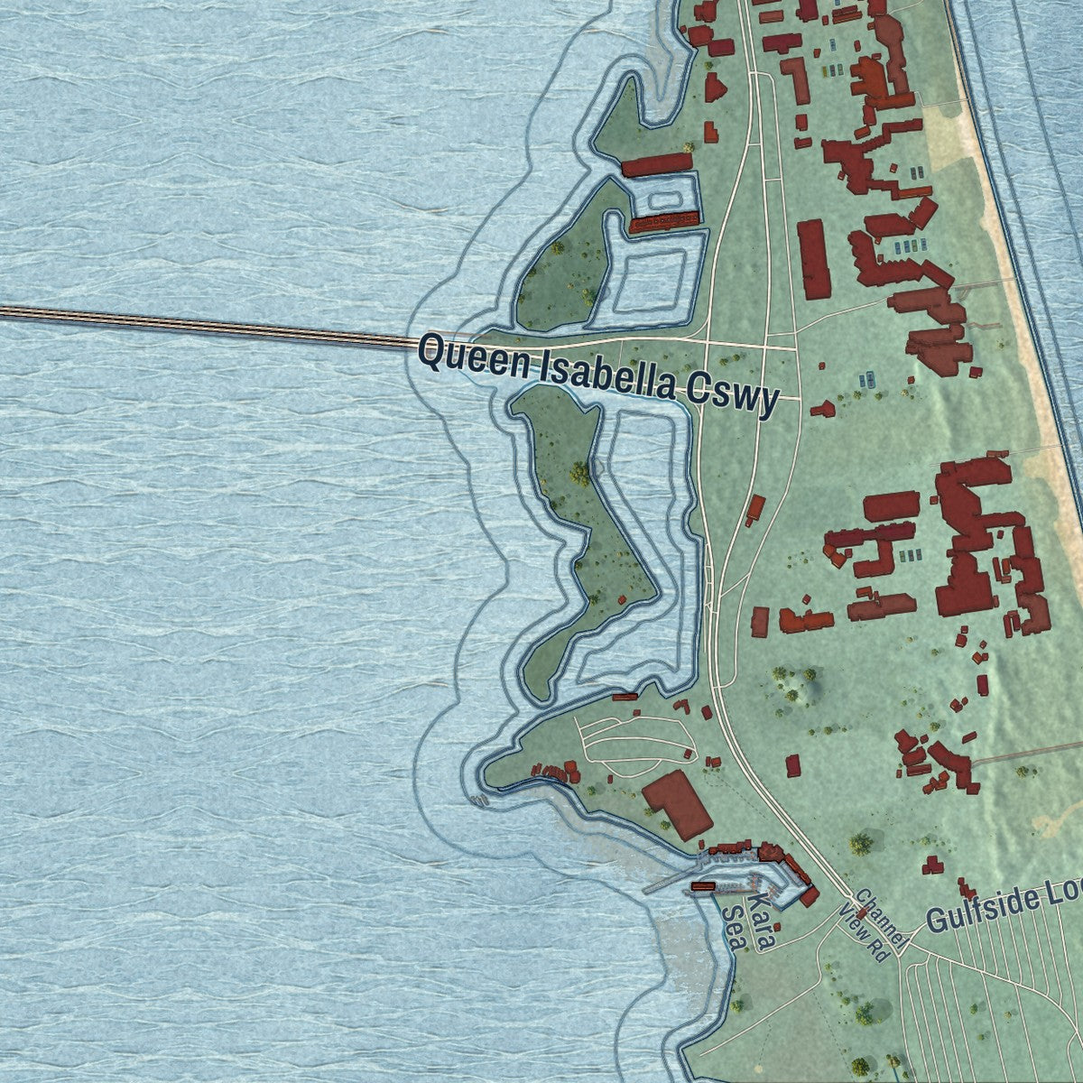 Second close-up of the map of South Padre Island, Texas print showing more streets and buildings