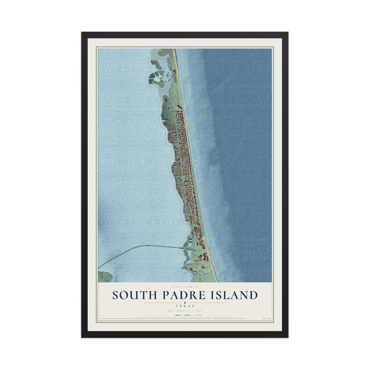 Map of South Padre Island, Texas, 12 x 18 inch print in a black wood frame