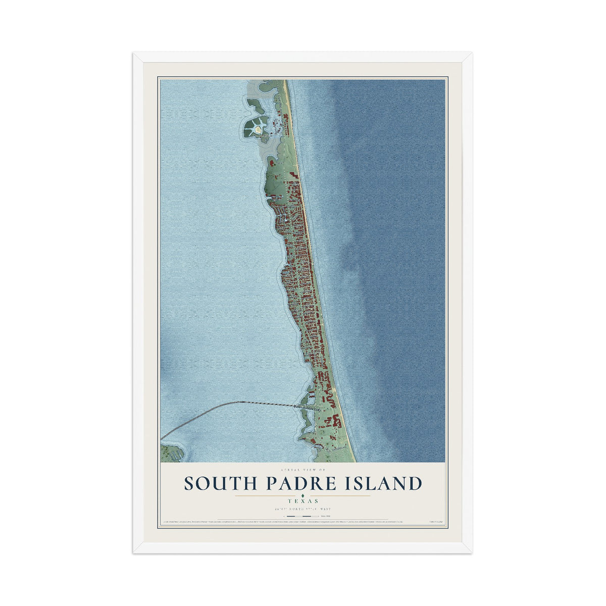 Map of South Padre Island, Texas, 12 x 18 inch print in a white wood frame