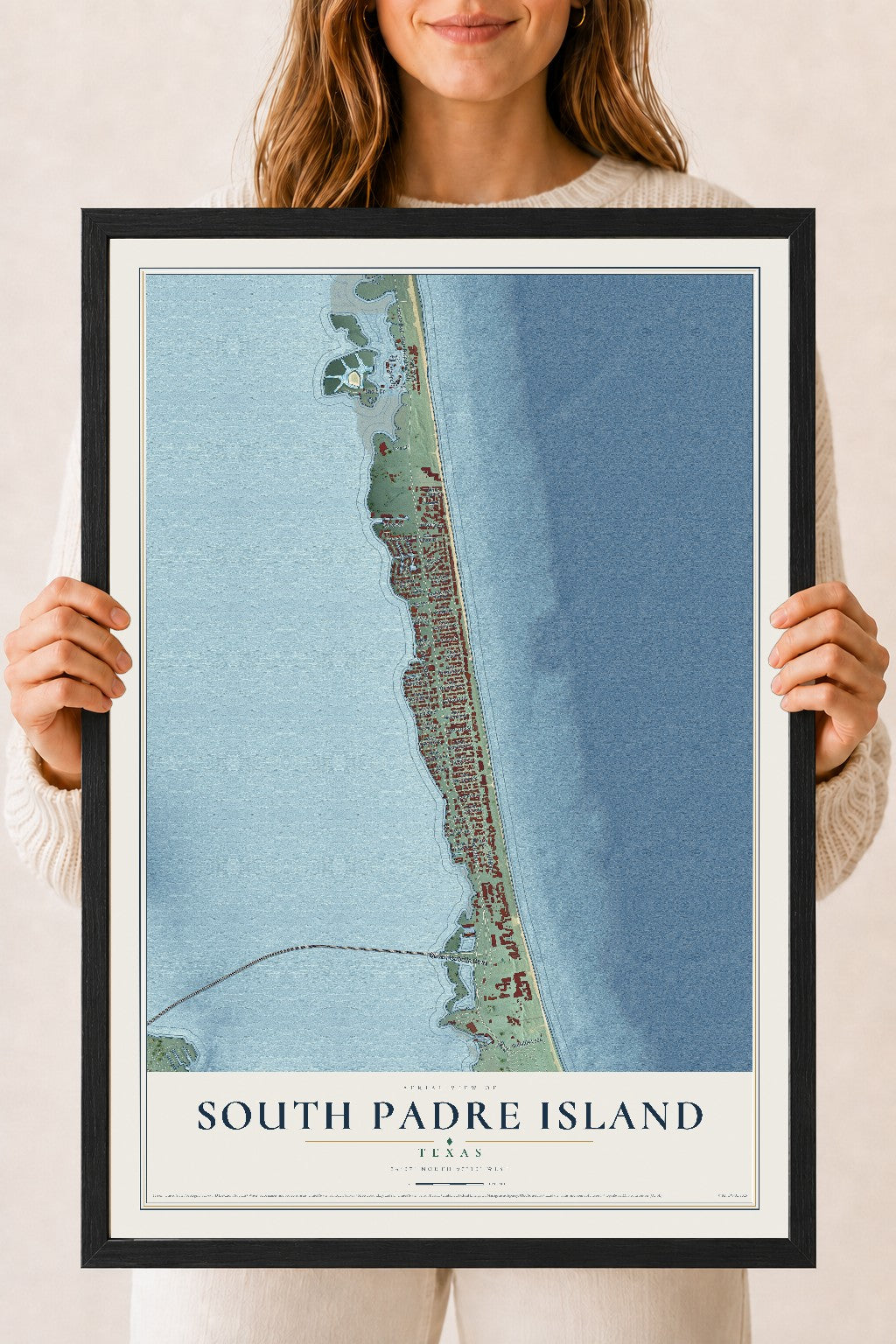 Map of South Padre Island, Texas, 18 x 24 inch print in a black wood frame