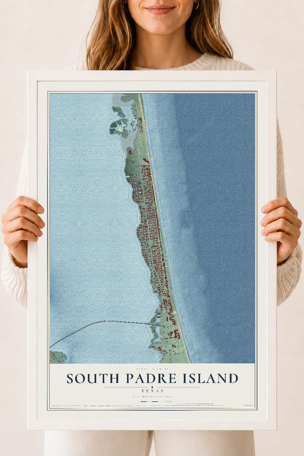 Map of South Padre Island, Texas, 18 x 24 inch print in a white wood frame