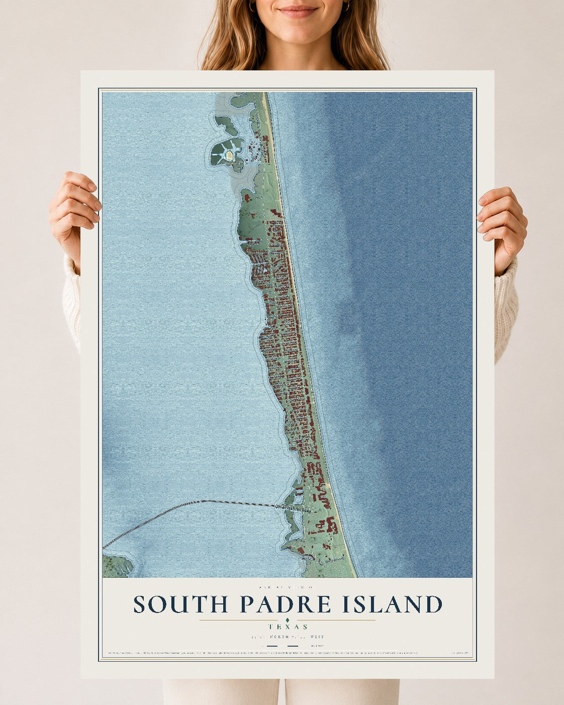 Map of South Padre Island, Texas, 24 x 36 inch unframed archival matte print