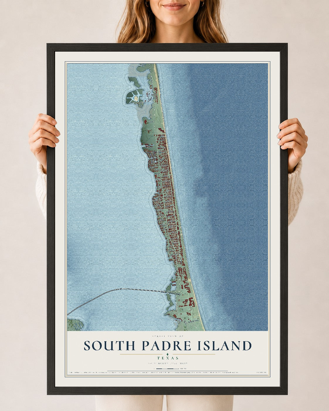 Map of South Padre Island, Texas, 24 x 36 inch print in a black wood frame