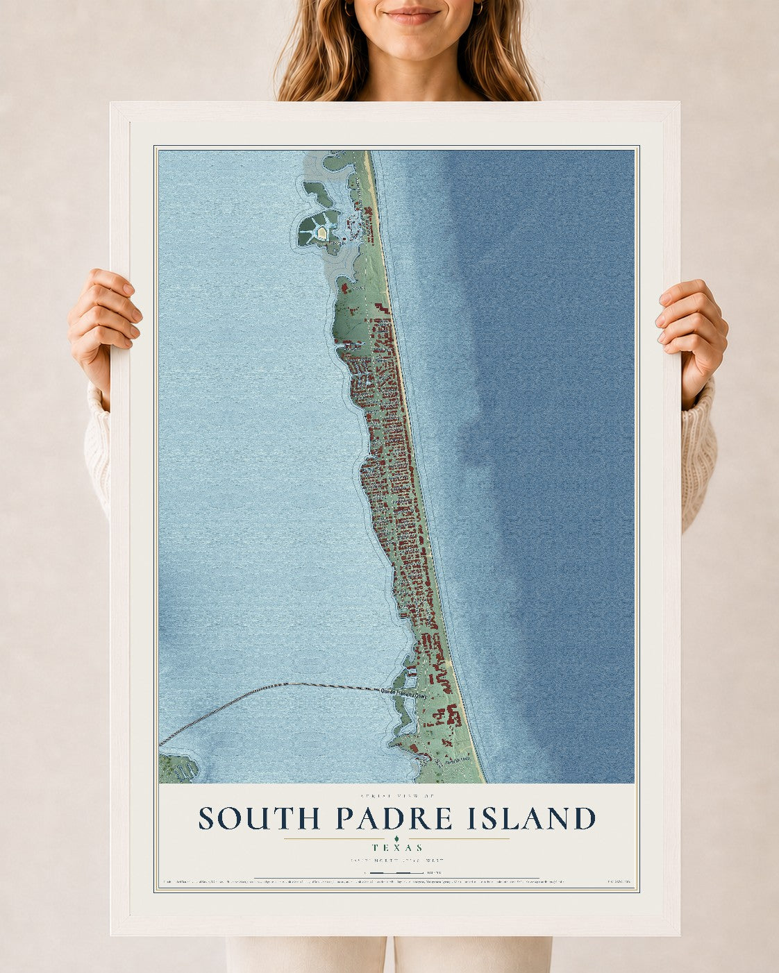 Map of South Padre Island, Texas, 24 x 36 inch print in a white wood frame