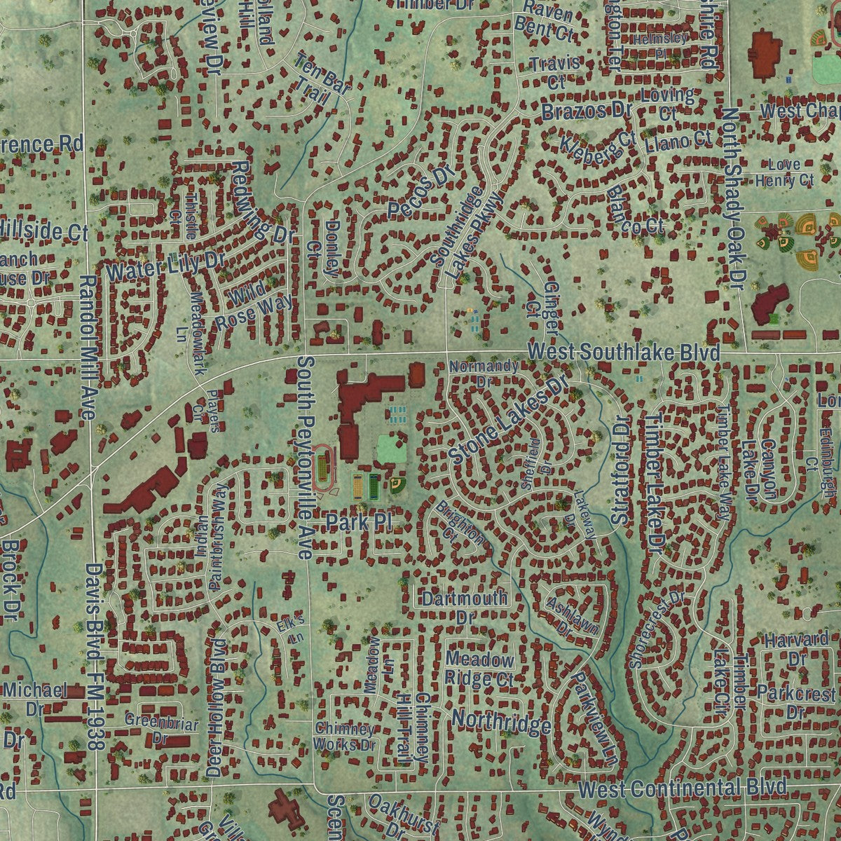 Close-up of the map of Southlake, Texas print showing street and building detail
