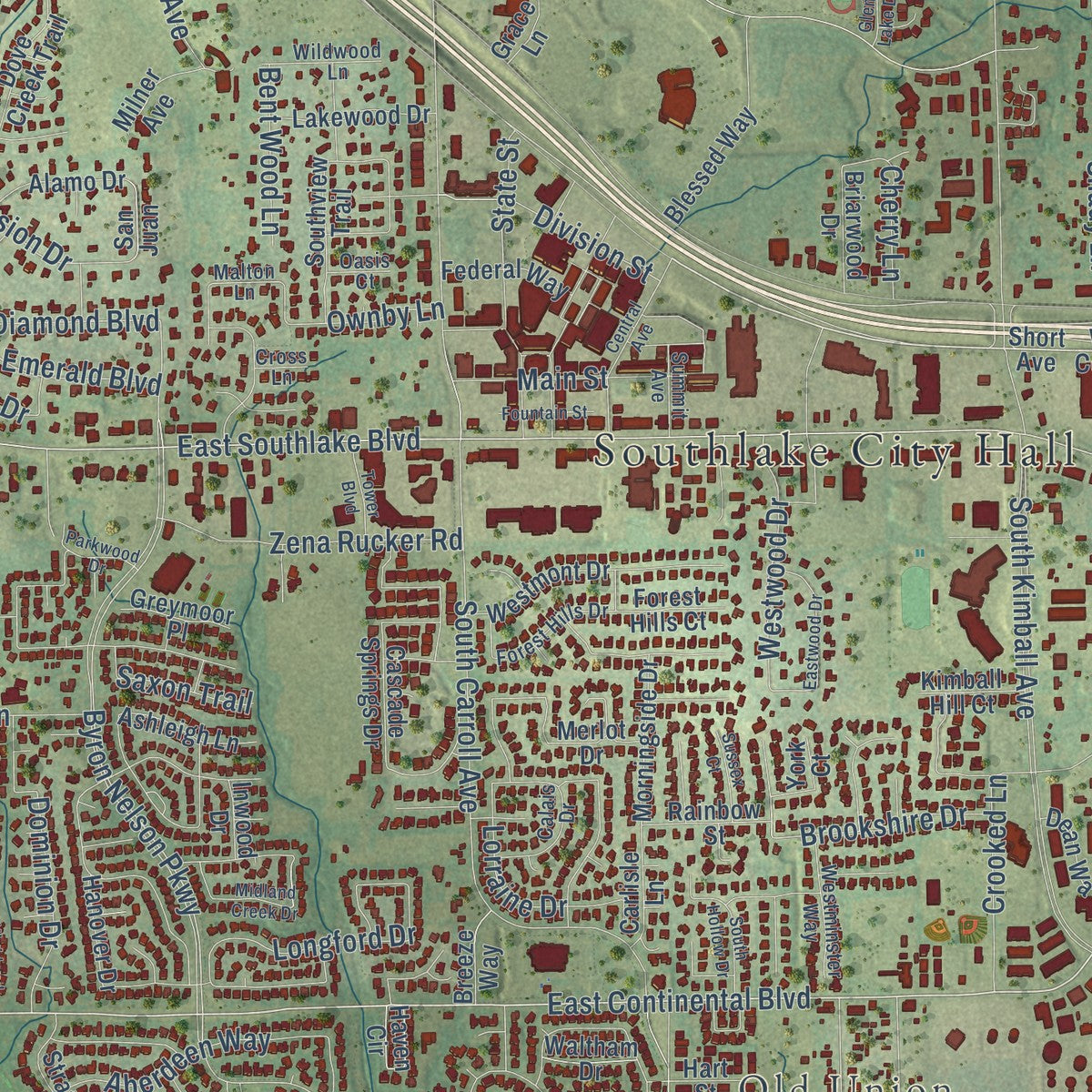 Second close-up of the map of Southlake, Texas print showing more streets and buildings