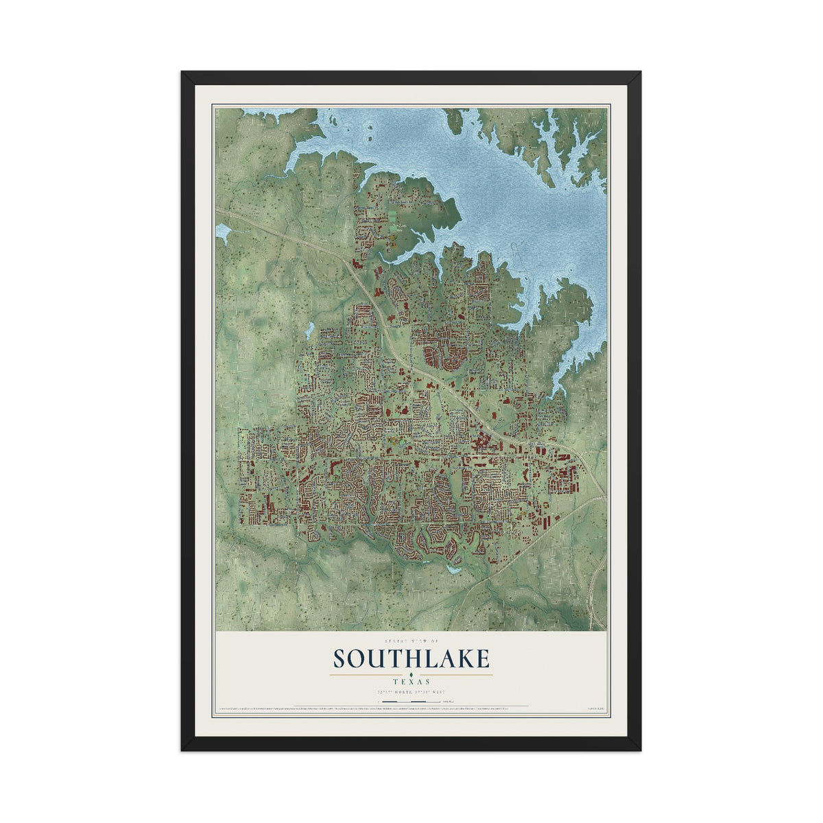 Map of Southlake, Texas, 12 x 18 inch print in a black wood frame