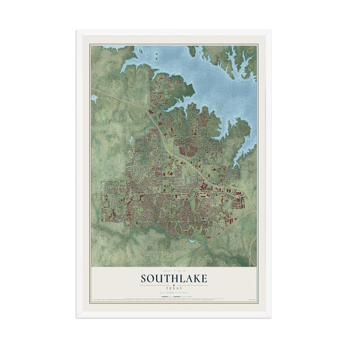 Map of Southlake, Texas, 12 x 18 inch print in a white wood frame