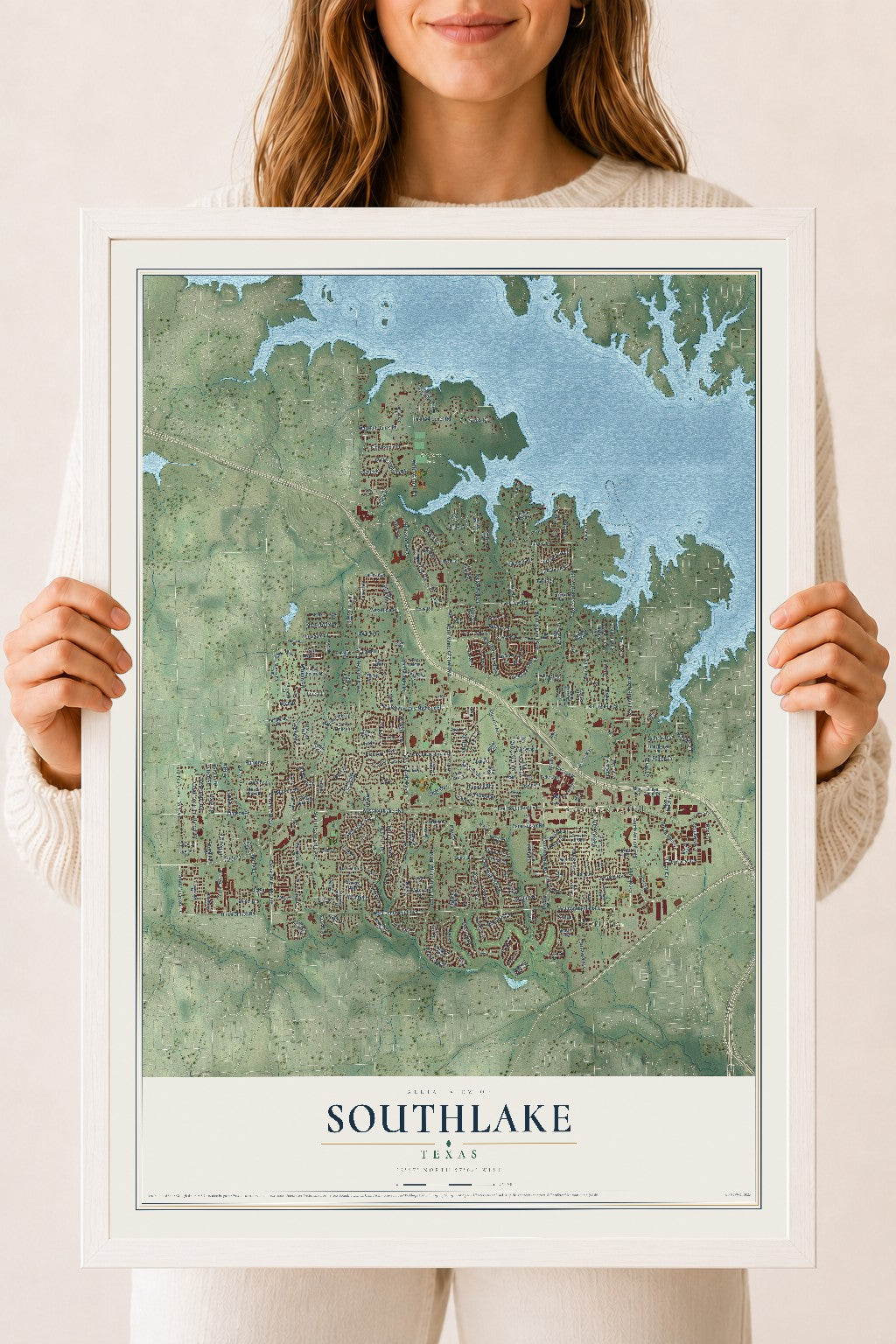 Map of Southlake, Texas, 18 x 24 inch print in a white wood frame