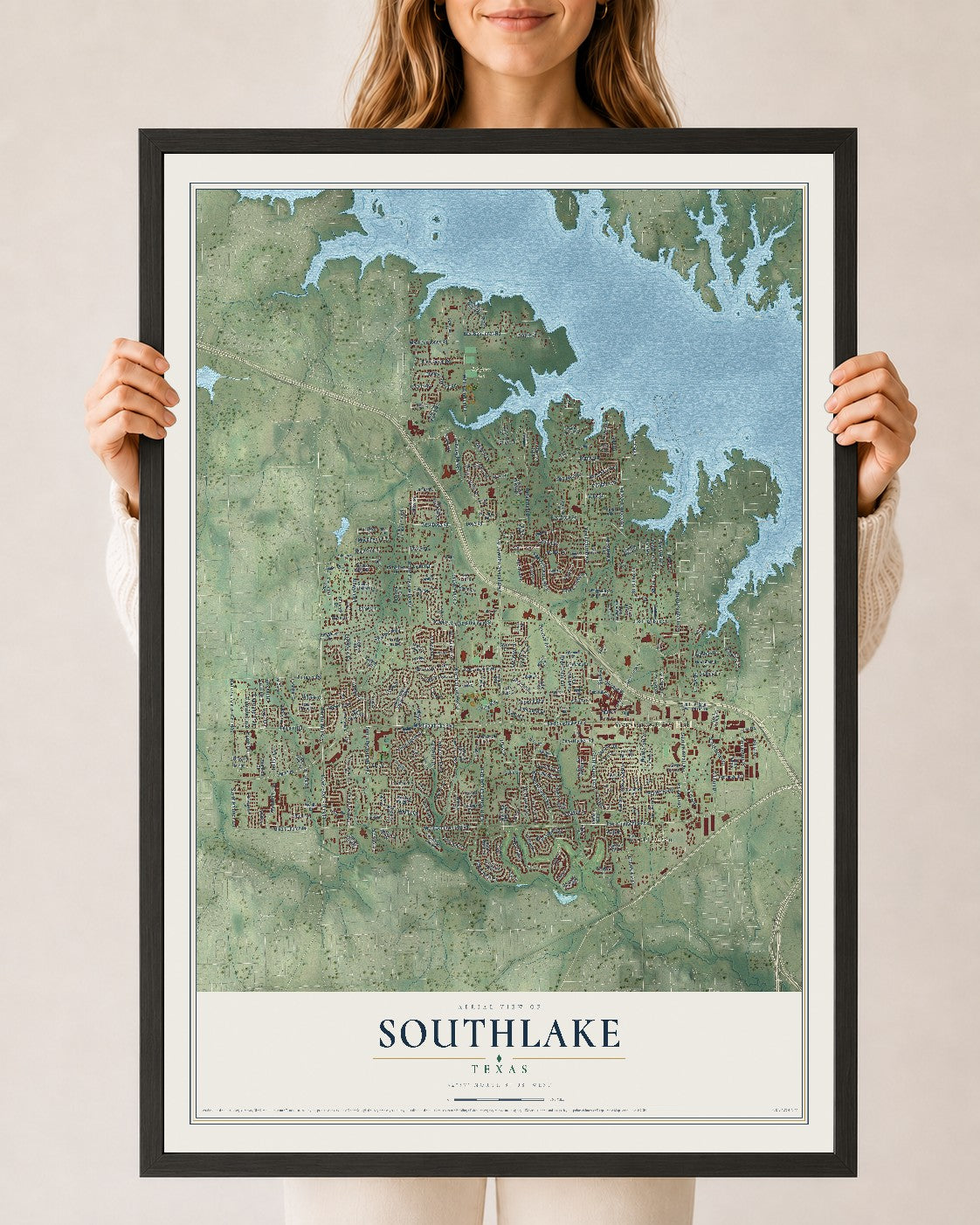 Map of Southlake, Texas, 24 x 36 inch print in a black wood frame