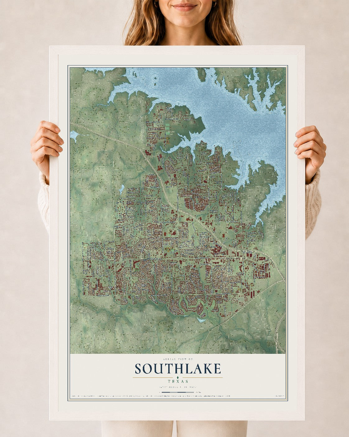 Map of Southlake, Texas, 24 x 36 inch print in a white wood frame