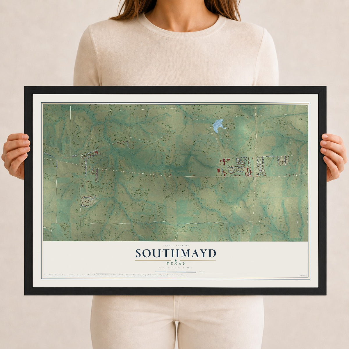 Map of Southmayd, Texas, 12 x 18 inch print in a black wood frame