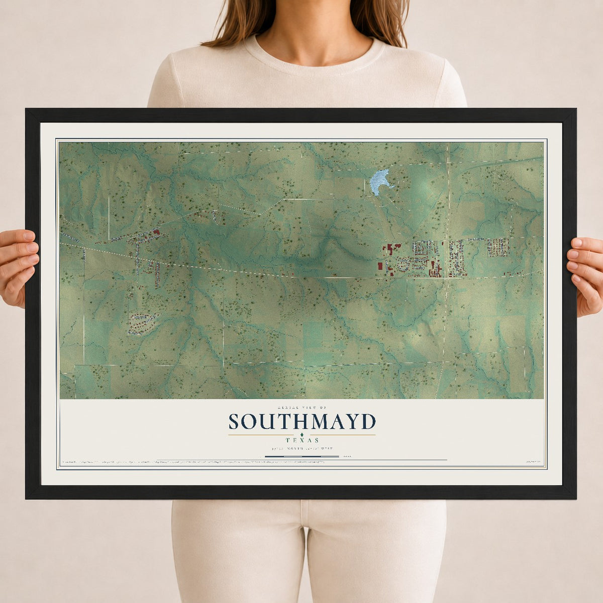 Map of Southmayd, Texas, 18 x 24 inch print in a black wood frame