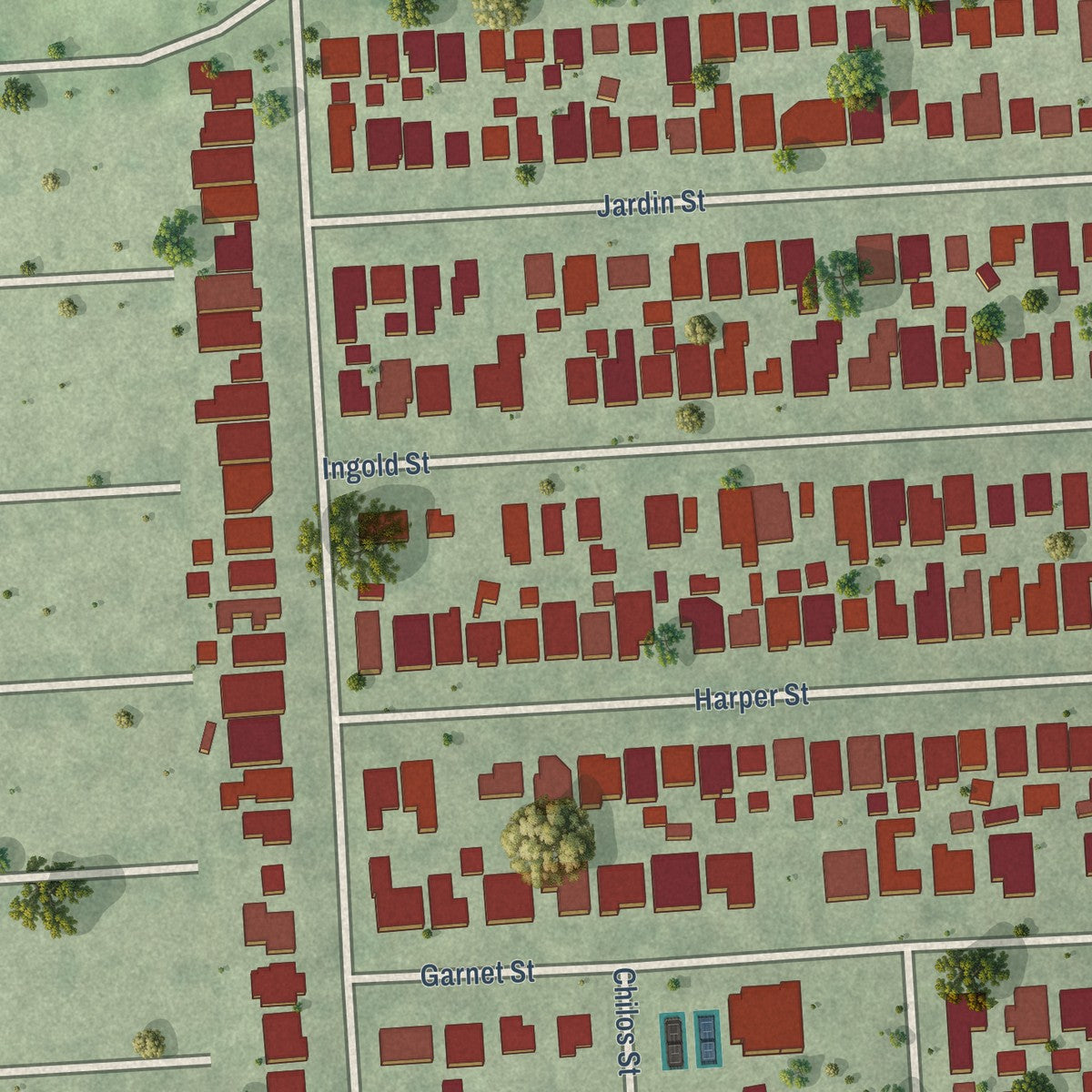 Close-up of the map of Southside Place, Texas print showing street and building detail