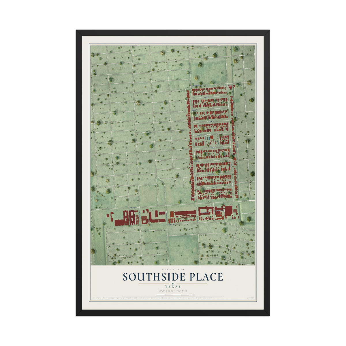 Map of Southside Place, Texas, 12 x 18 inch print in a black wood frame