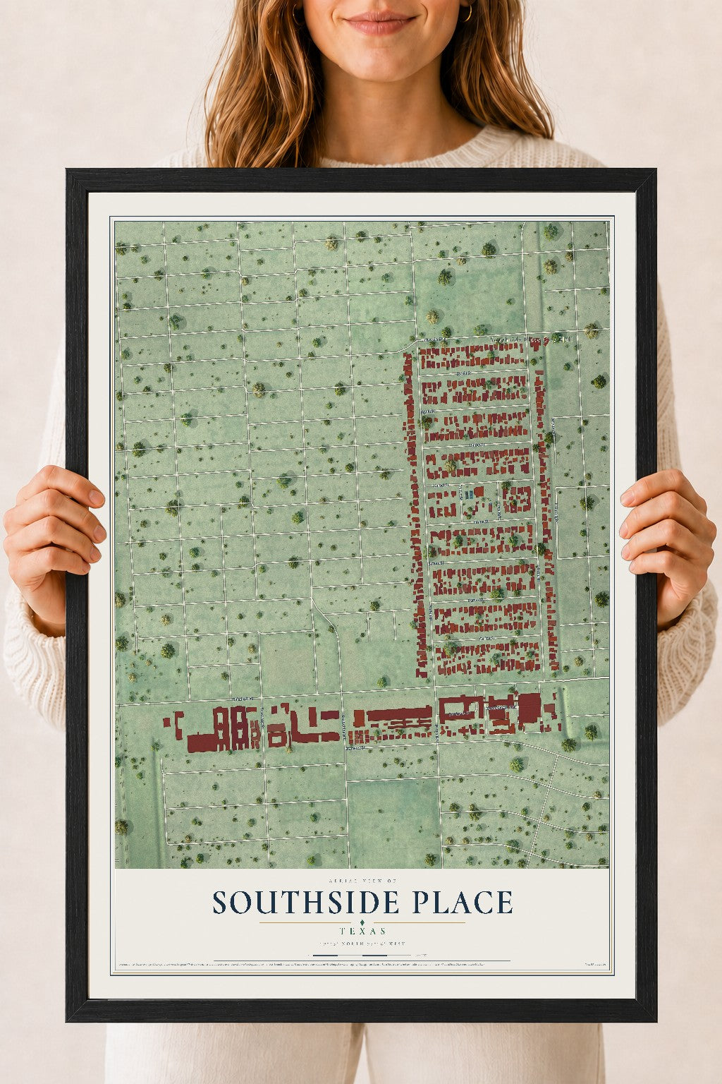 Map of Southside Place, Texas, 18 x 24 inch print in a black wood frame