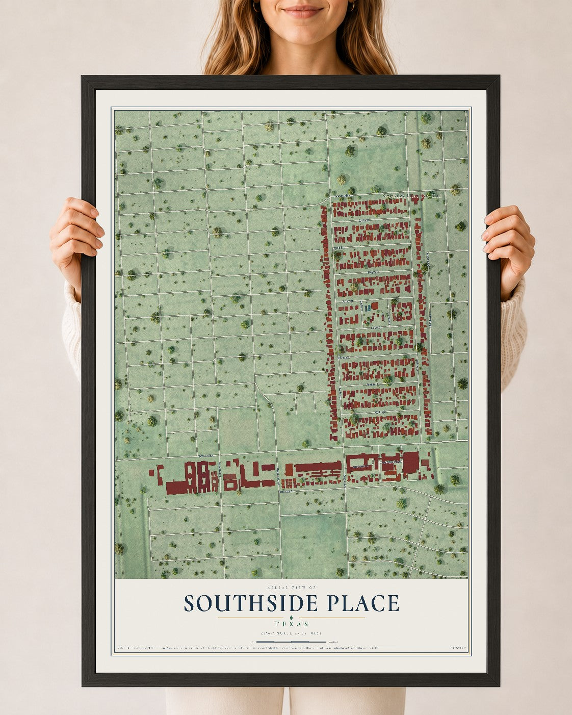 Map of Southside Place, Texas, 24 x 36 inch print in a black wood frame