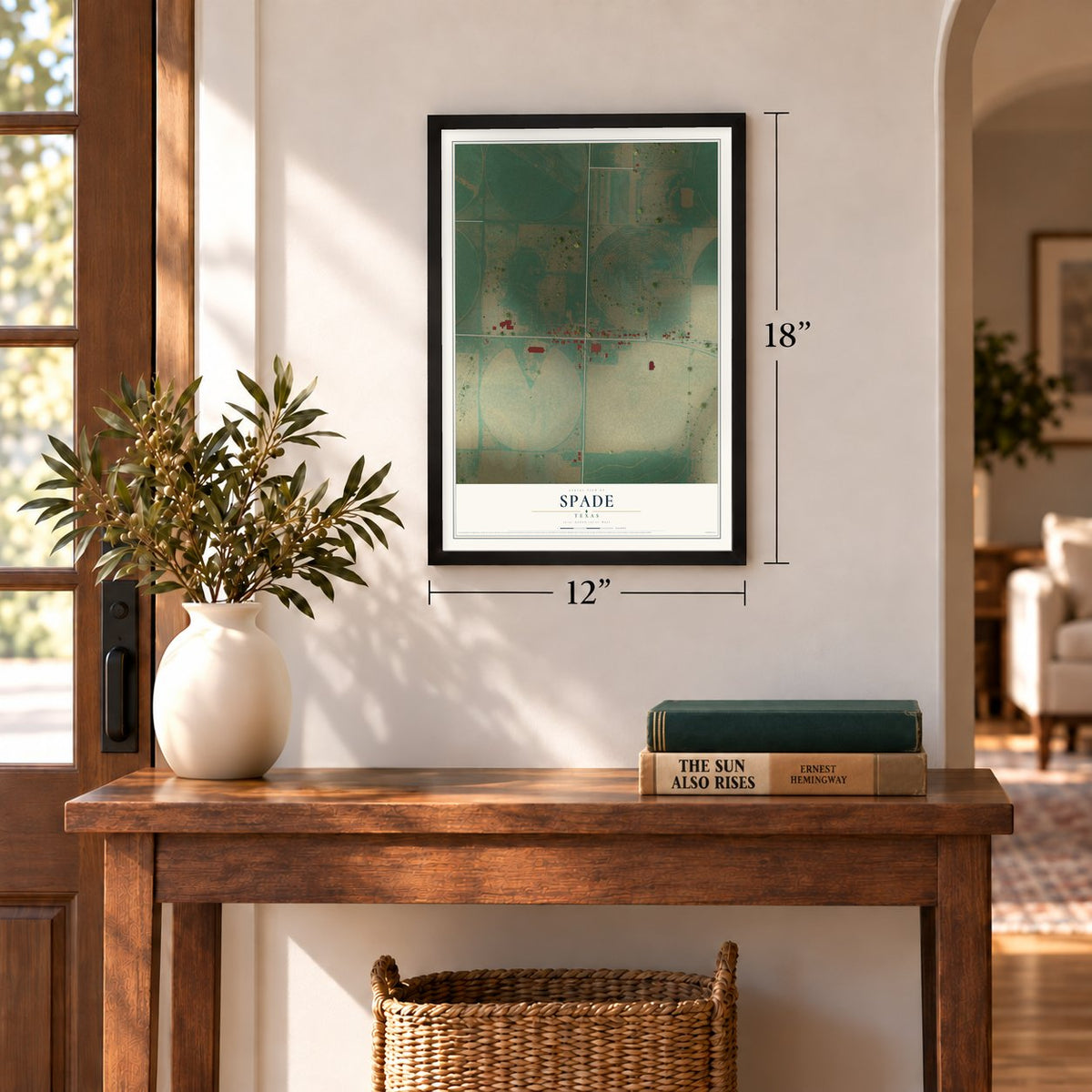 Spade, Texas map, 12 x 18 inch print in a black frame in an entryway