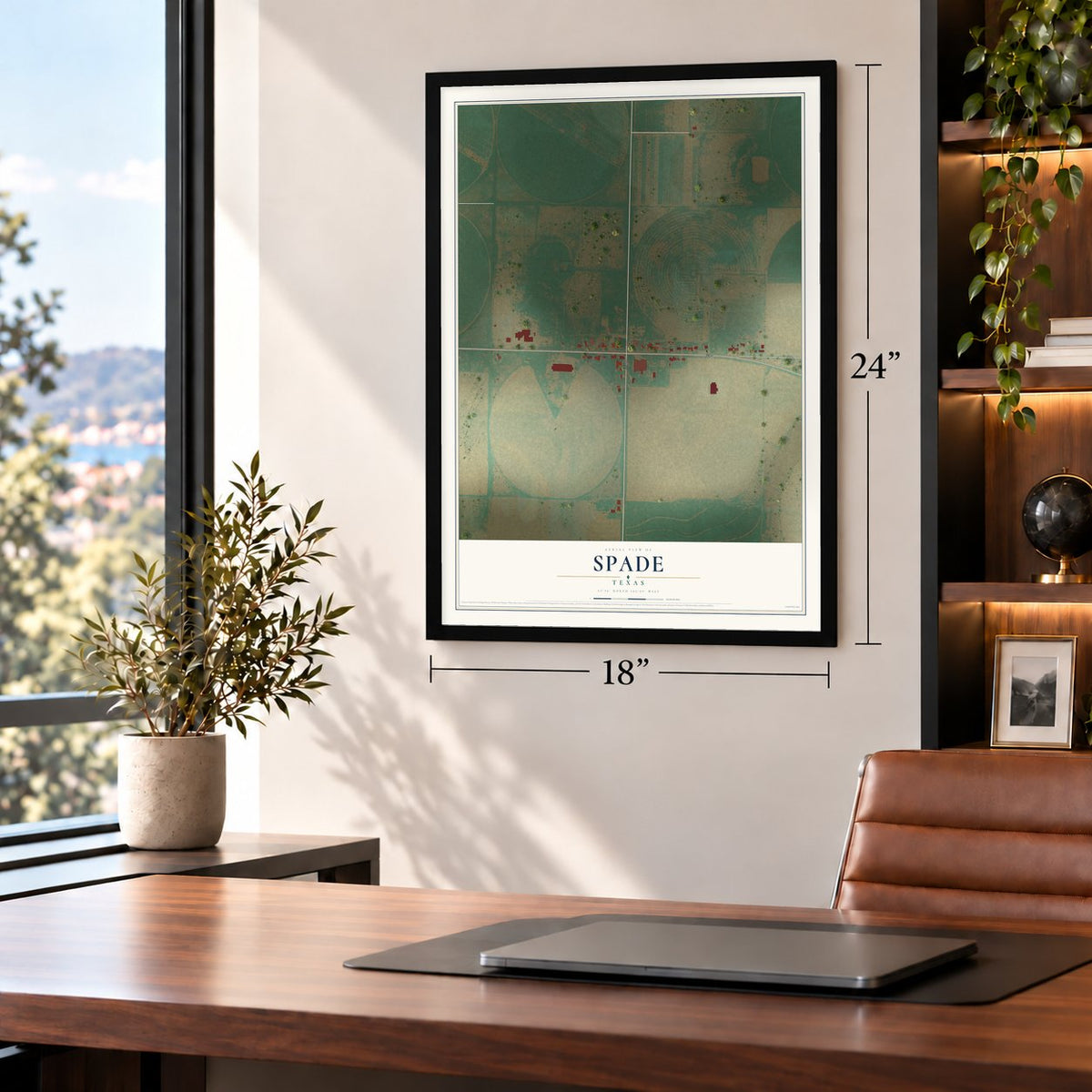 Spade, Texas map, 18 x 24 inch print in a black frame in a home office