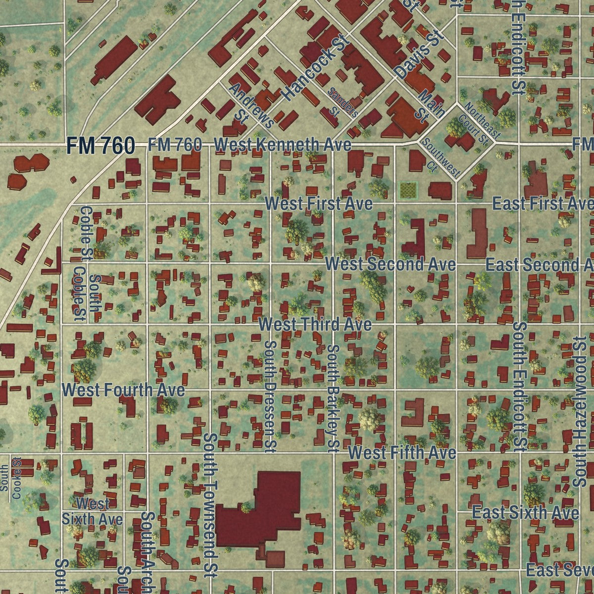 Close-up of the map of Spearman, Texas print showing street and building detail