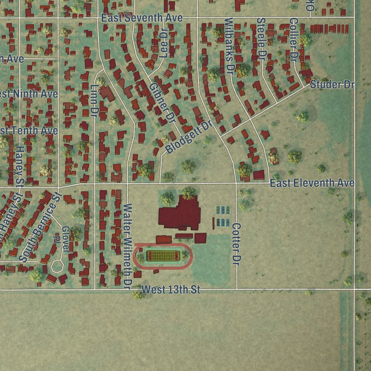 Second close-up of the map of Spearman, Texas print showing more streets and buildings