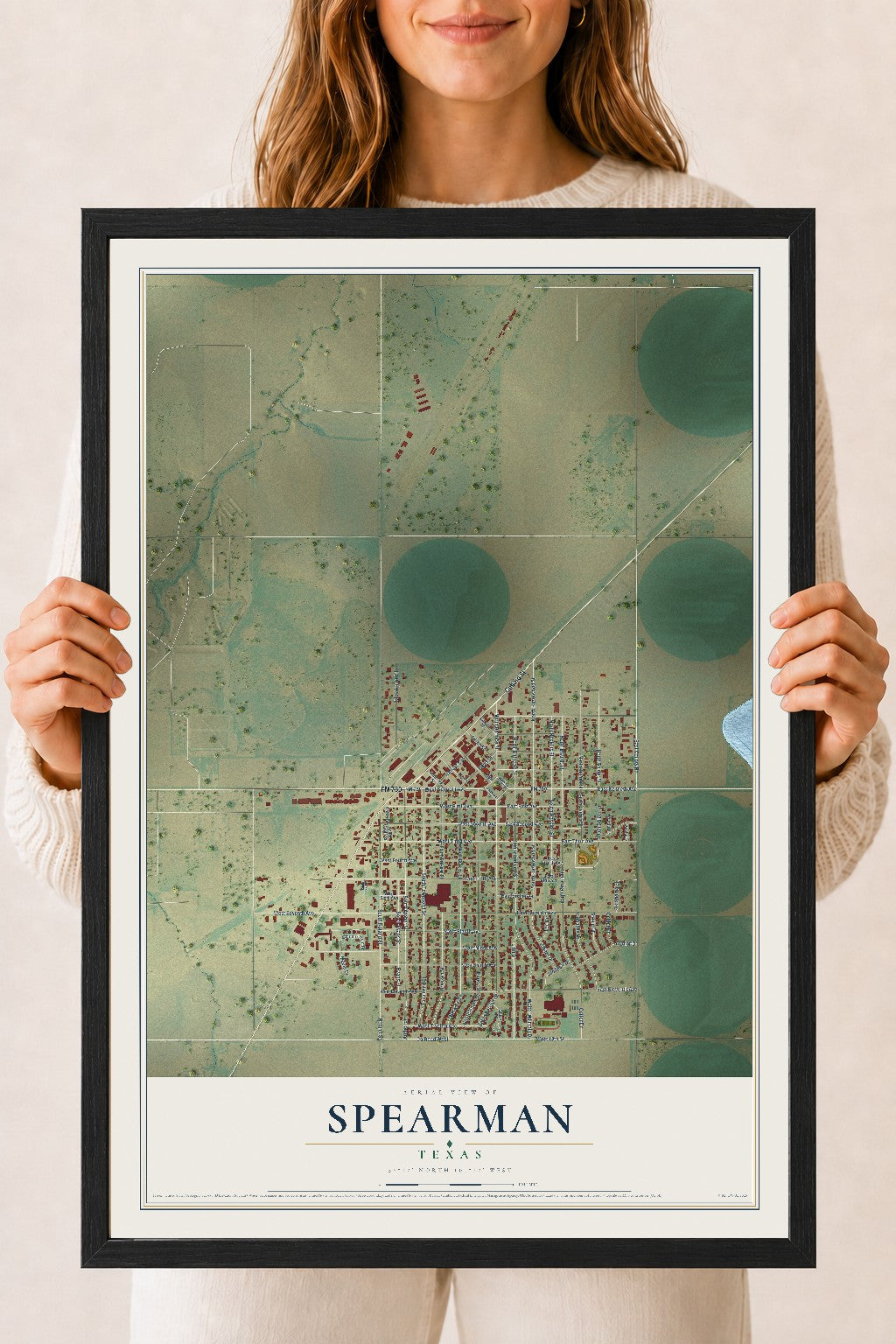Map of Spearman, Texas, 18 x 24 inch print in a black wood frame