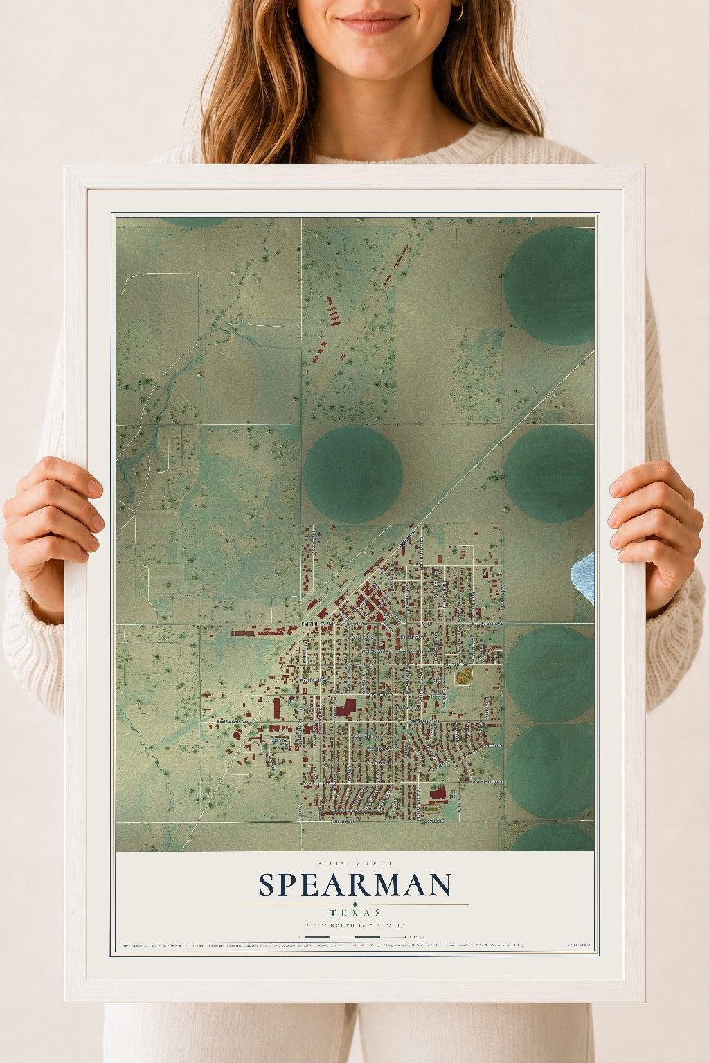 Map of Spearman, Texas, 18 x 24 inch print in a white wood frame