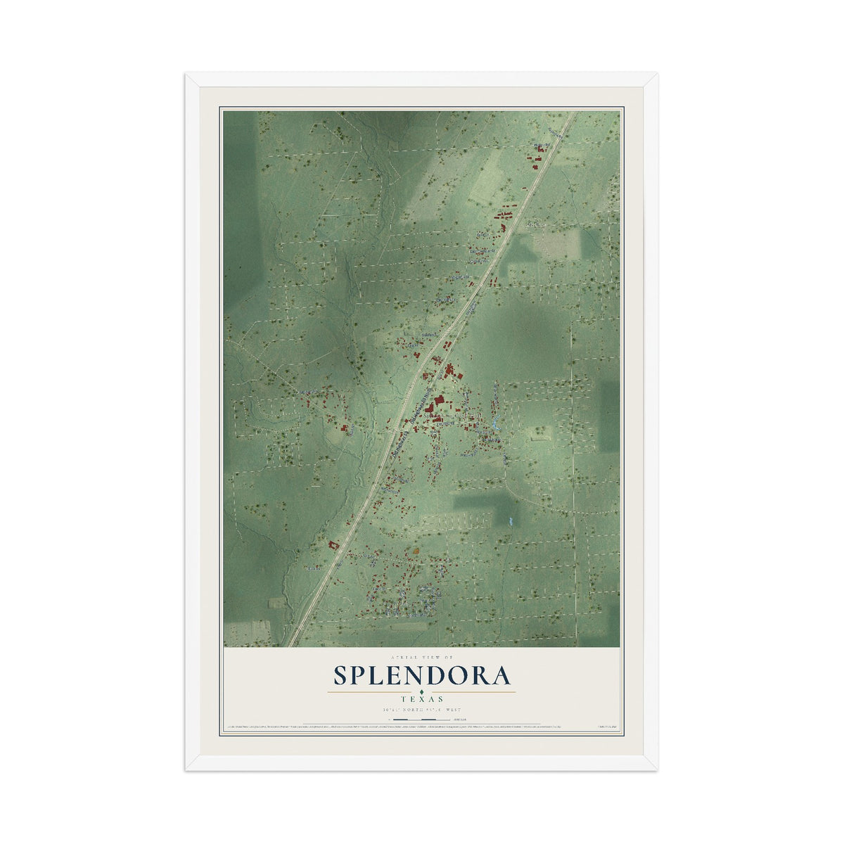 Map of Splendora, Texas, 12 x 18 inch print in a white wood frame
