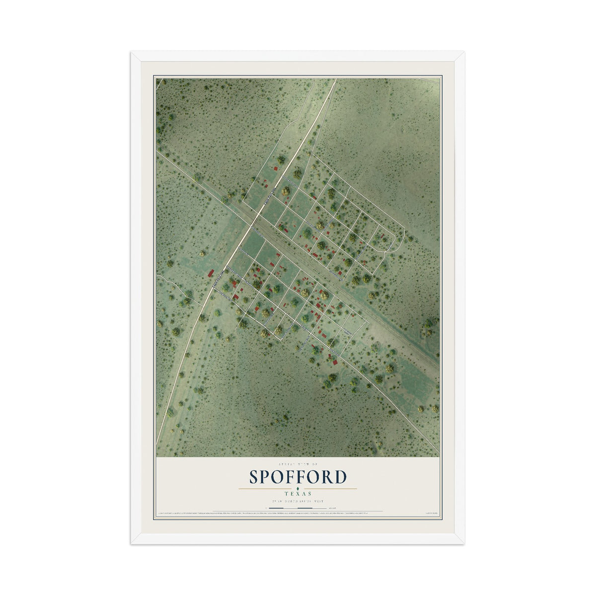 Map of Spofford, Texas, 12 x 18 inch print in a white wood frame