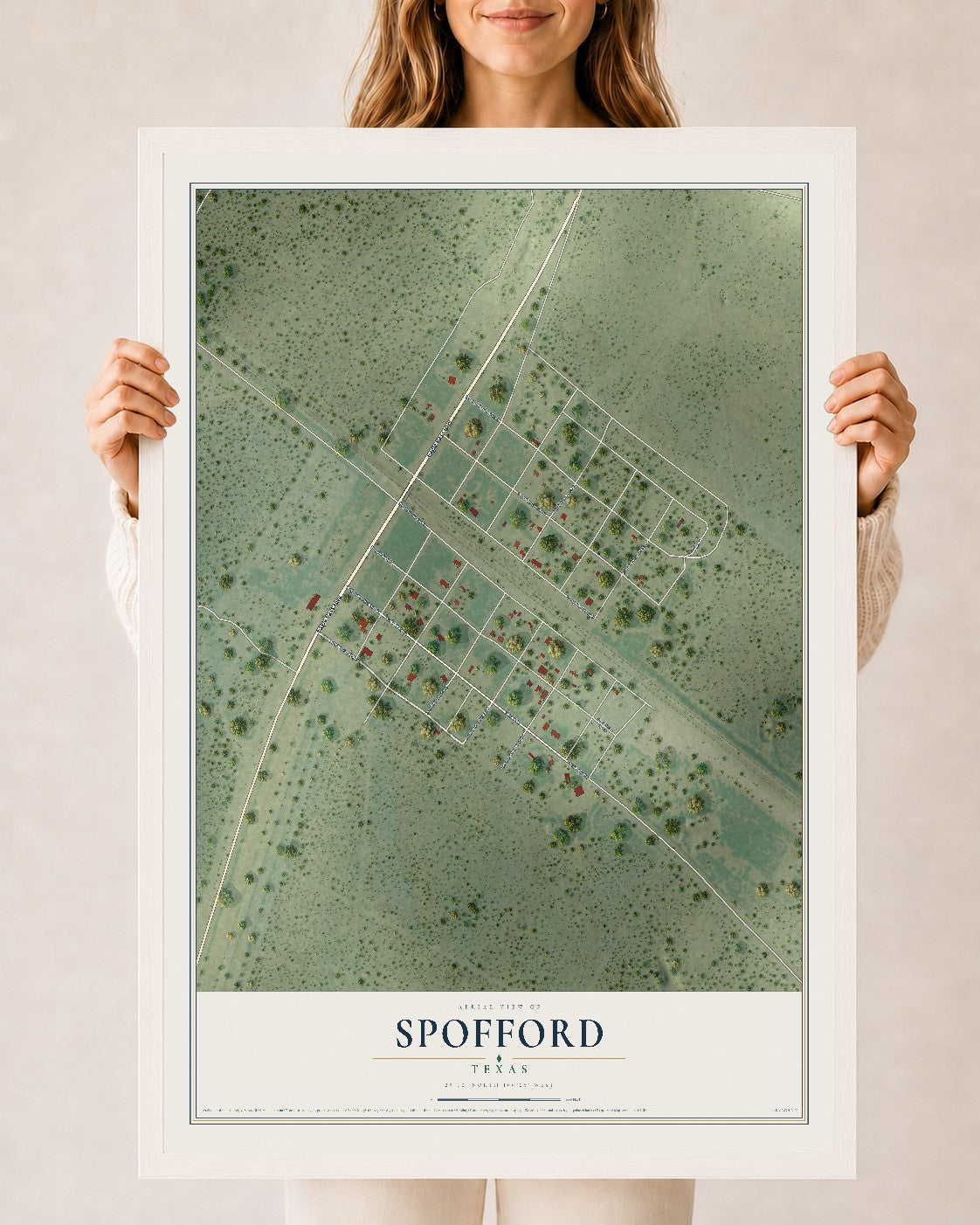 Map of Spofford, Texas, 24 x 36 inch print in a white wood frame