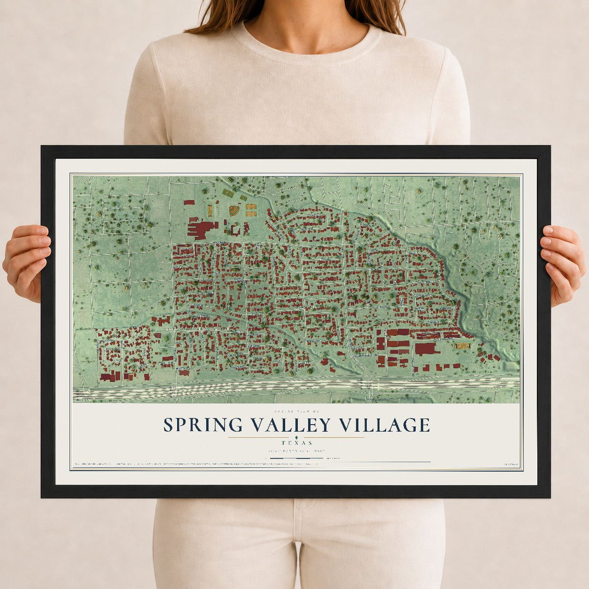 Map of Spring Valley Village, Texas, 12 x 18 inch print in a black wood frame