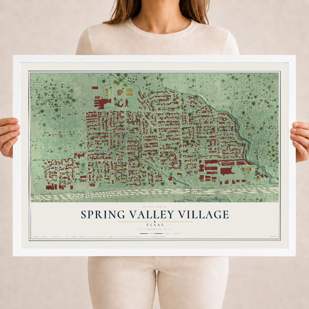 Map of Spring Valley Village, Texas, 18 x 24 inch print in a white wood frame