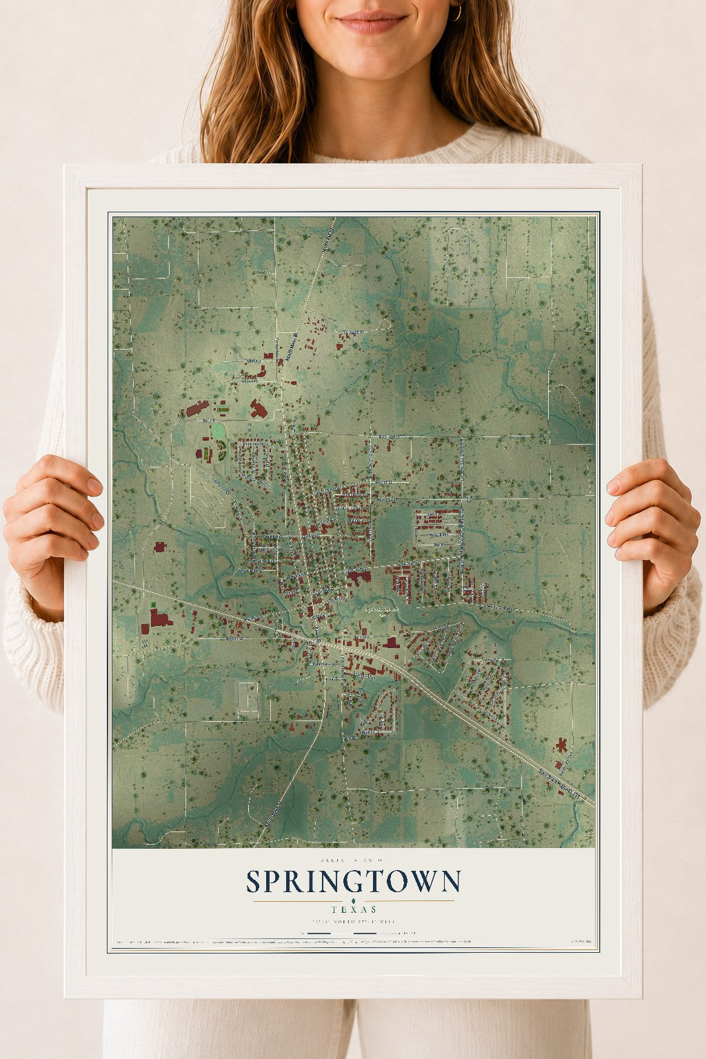 Map of Springtown, Texas, 18 x 24 inch print in a white wood frame
