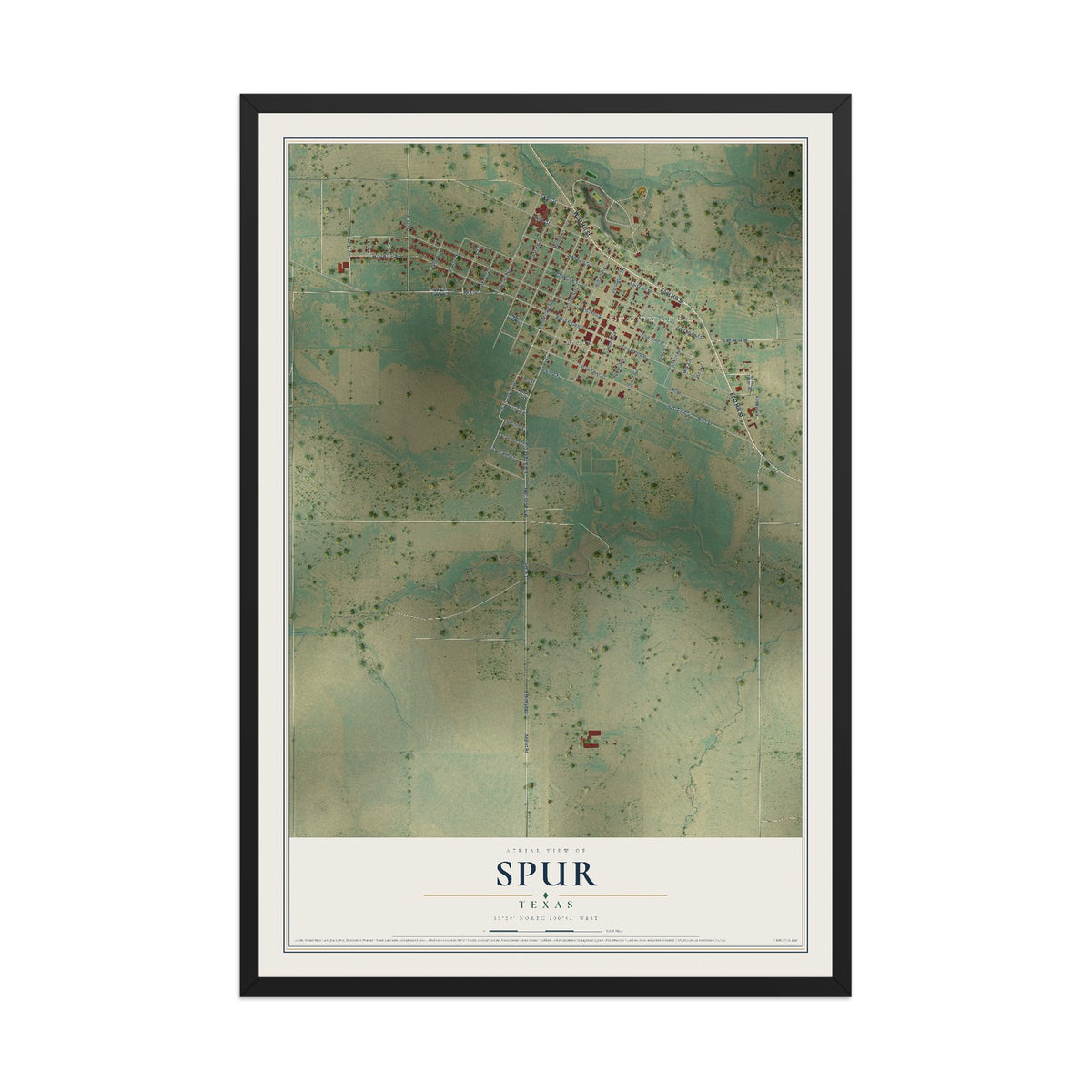 Map of Spur, Texas, 12 x 18 inch print in a black wood frame