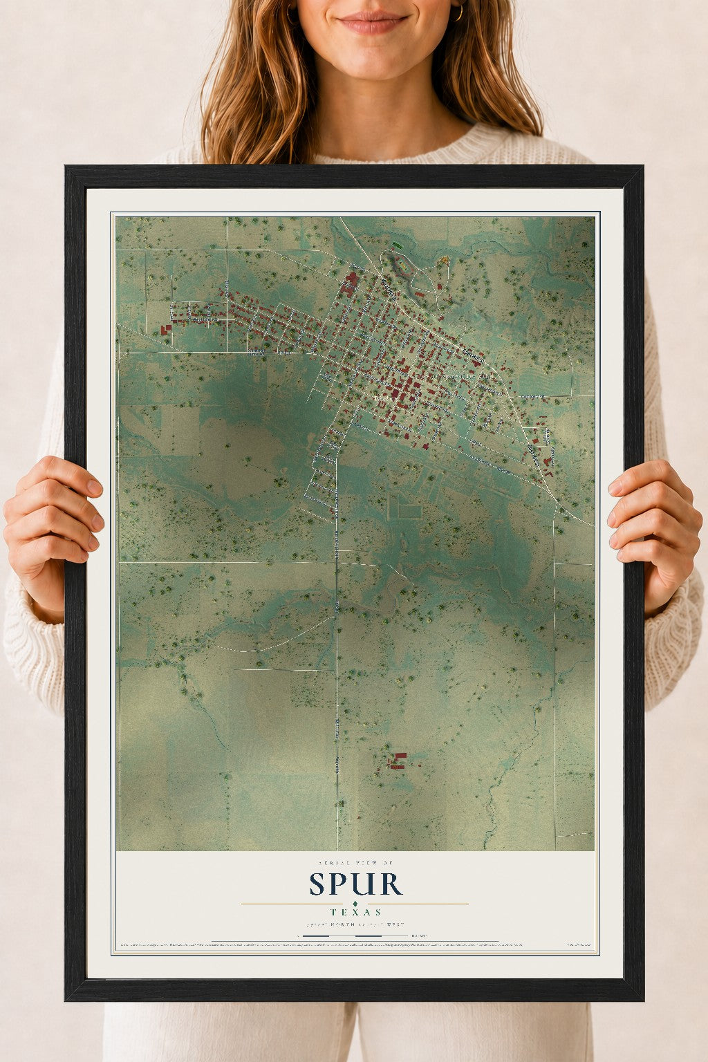Map of Spur, Texas, 18 x 24 inch print in a black wood frame