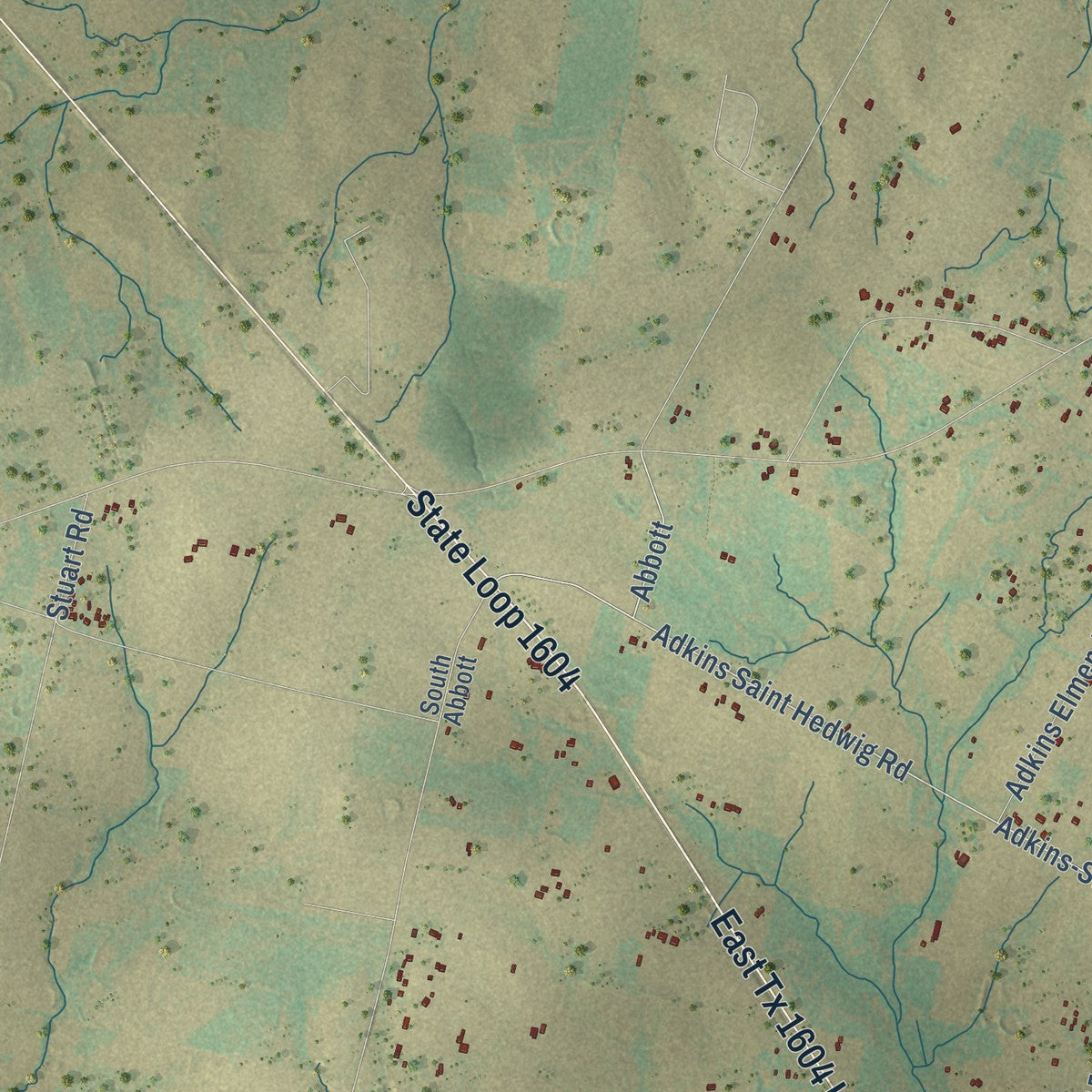 Second close-up of the map of St. Hedwig, Texas print showing more streets and buildings