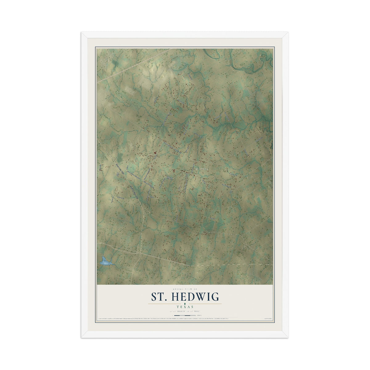 Map of St. Hedwig, Texas, 12 x 18 inch print in a white wood frame