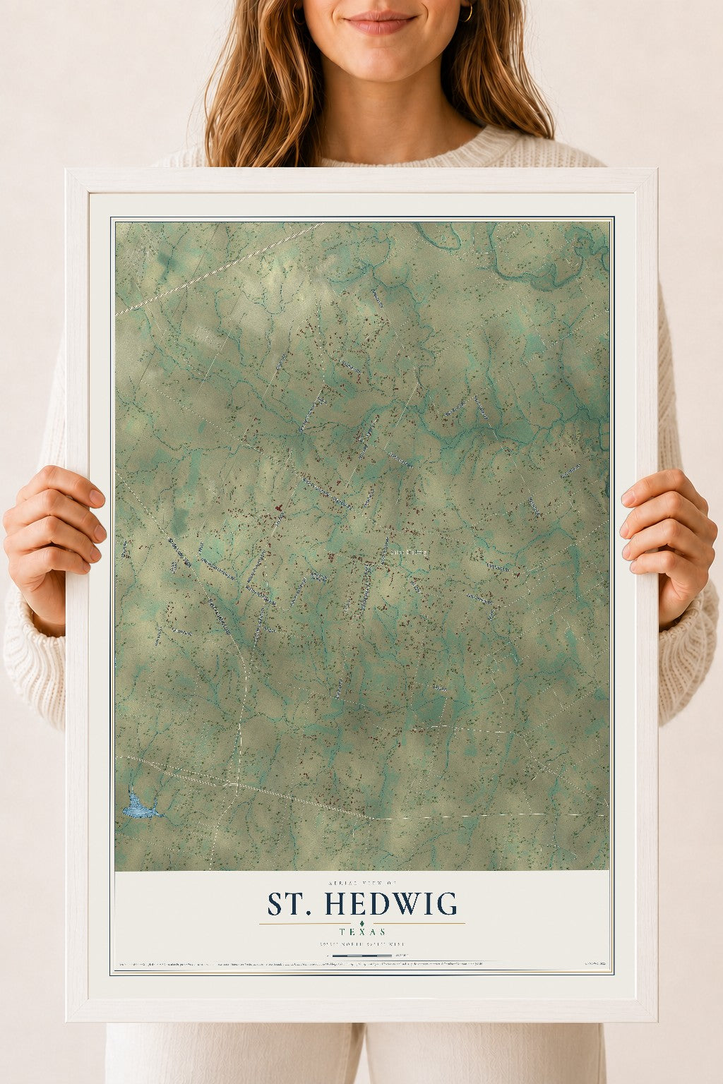 Map of St. Hedwig, Texas, 18 x 24 inch print in a white wood frame