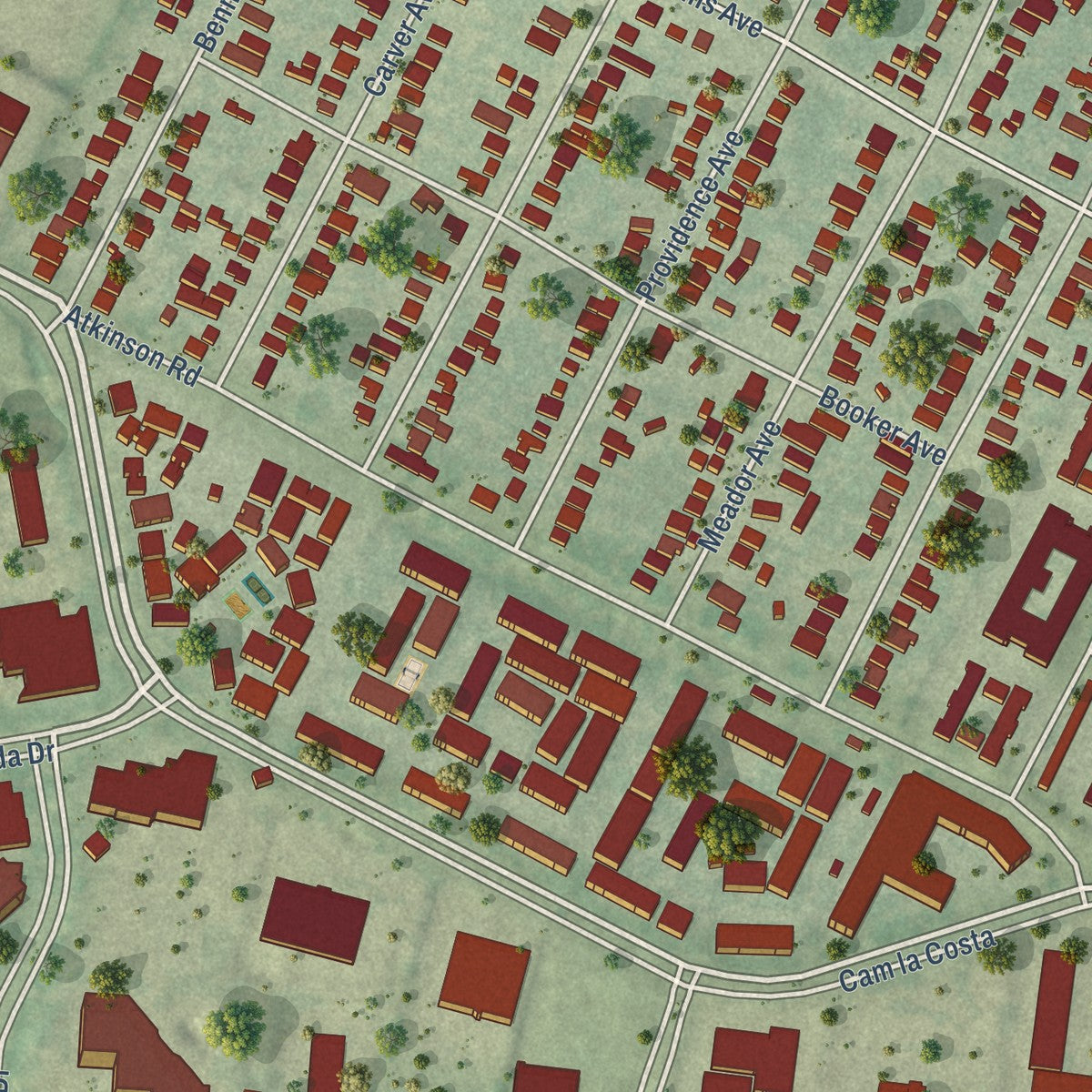 Close-up of the map of St. Johns, Texas print showing street and building detail