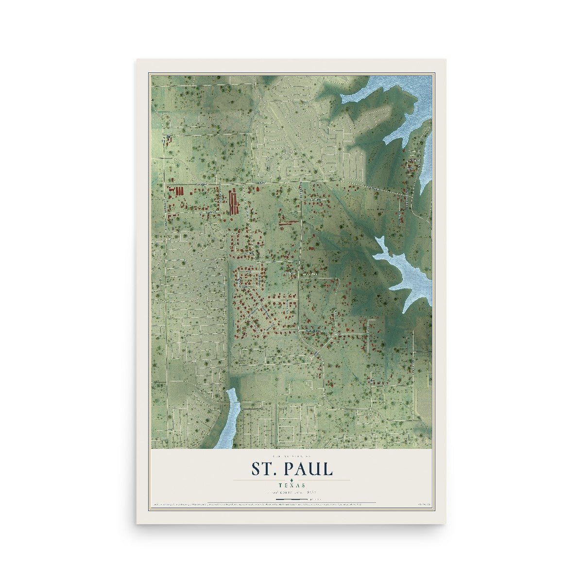 Map of St. Paul, Texas, 12 x 18 inch unframed archival matte print