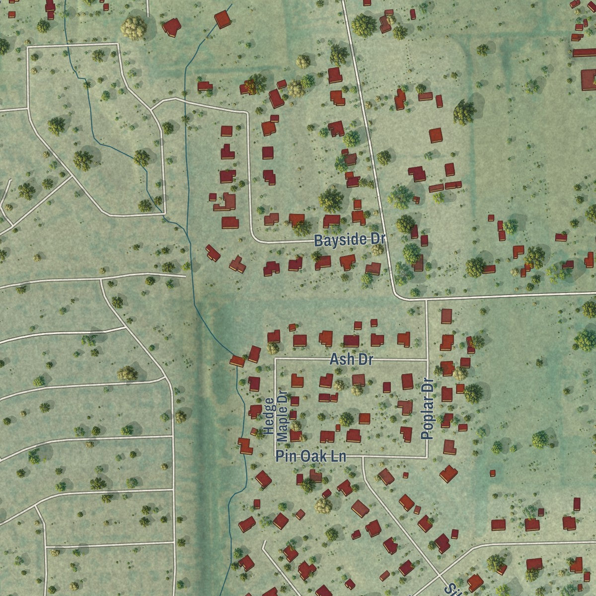 Close-up of the map of St. Paul, Texas print showing street and building detail