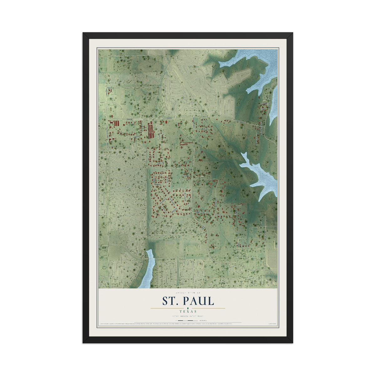 Map of St. Paul, Texas, 12 x 18 inch print in a black wood frame